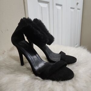 EUC Charlotte Russe Black Faux Fur Ankle Strap Stiletto High Heels Size 8